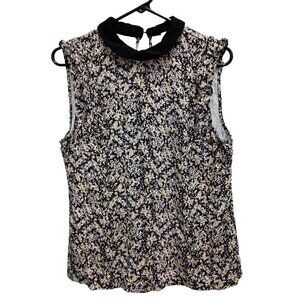 Cece Womens Blouse Top Medium Floral Peter Pan Collar Ruffle Sleeveless Preppy